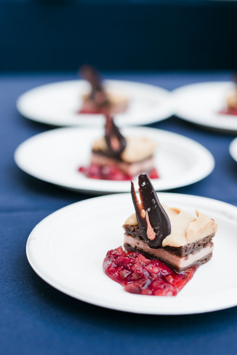 Guests sampled an array of colorful, artfully designed small bites throughout the evening. This milk chocolate cake with rhubarb curd, caramelized white chocolate namelaka, and strawberry jam by pasty chef Chris Ryan of Charleston Place was as nice on the eyes as it was the palette.