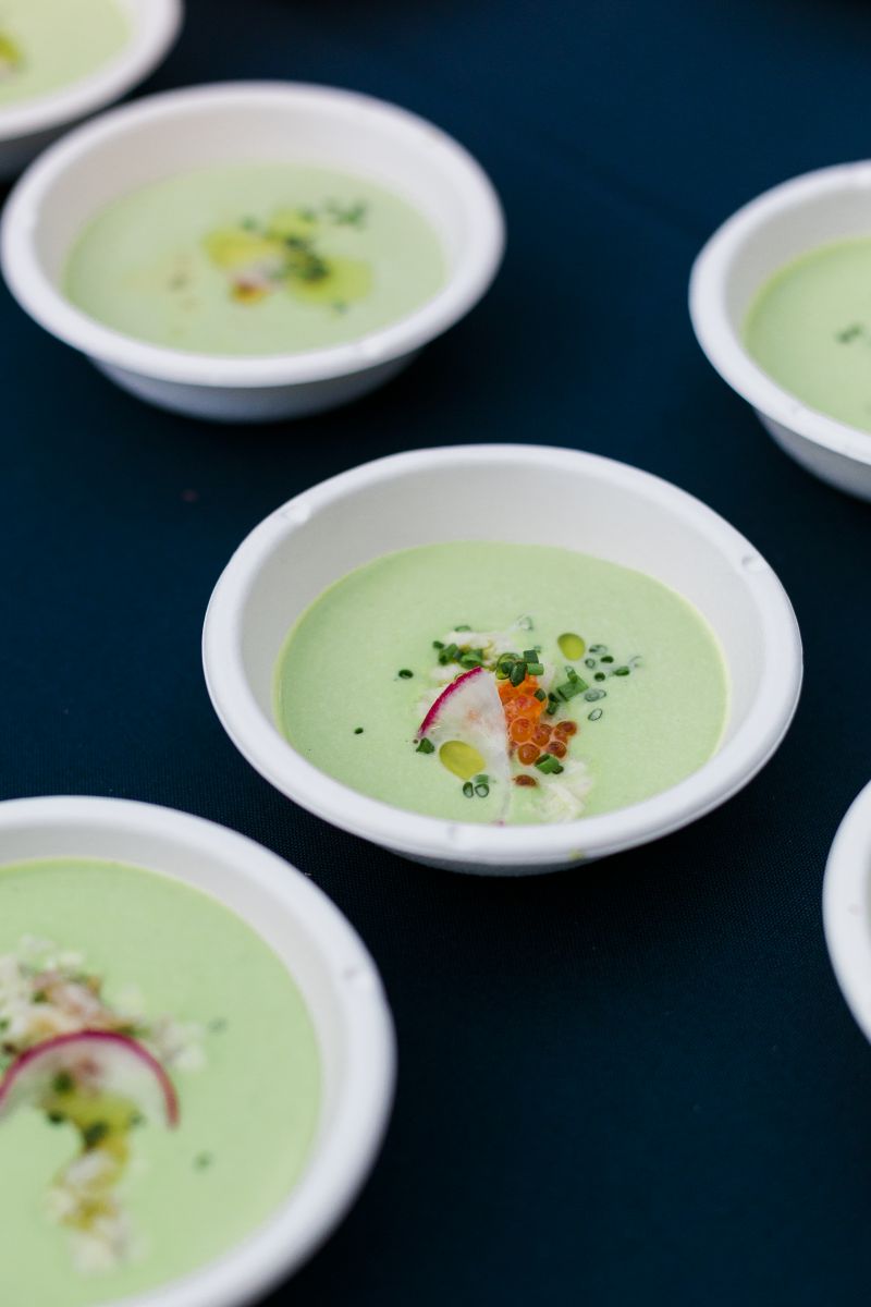 Chez Nous&#039;s head chef Jill Mathias crafted an eye-catching chilled pea soup with smoked trout, trout roe, and radish.