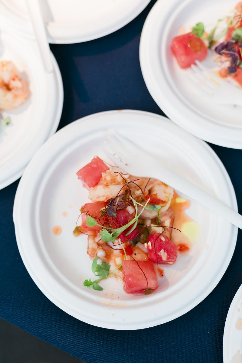 This bright plate from Revival’s chef Simon Glenn featured chilled shrimp topped with watermelon, chili, and lime.
