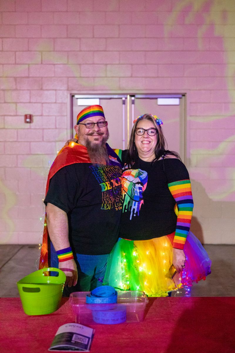Greg Swamy and Wendy Reed in rainbow apparel