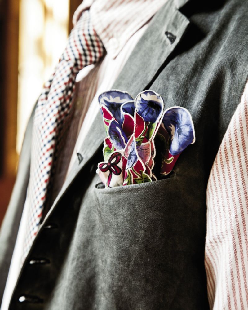 HOT POCKET: Buttoned down oxford from Brooks Brothers. John  Varvatos distressed vest and Canali silk woven tie, both from Gwynn’s of Mt.  Pleasant. Vintage pocket square from Billy Reid.