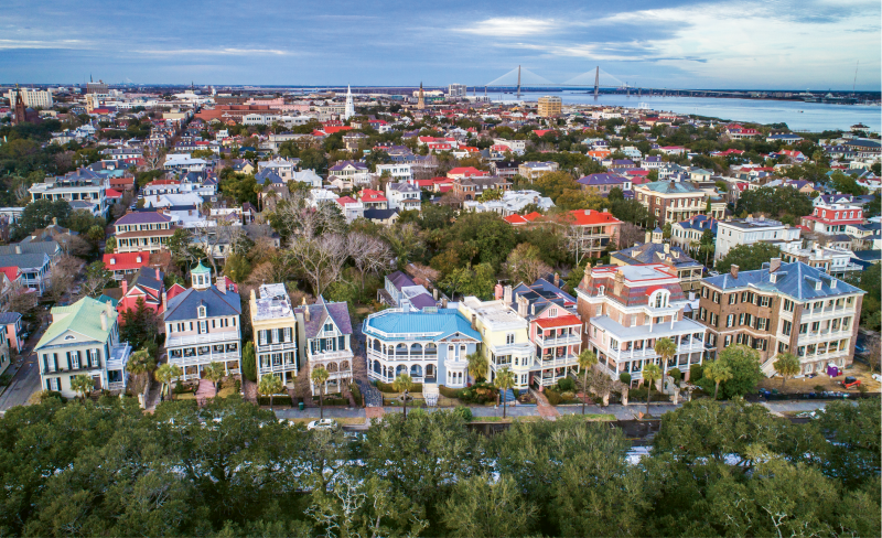 “South Battery &amp; King” {Altitude: 120 feet}  Flying above the oaks in White Point Garden offers a new vantage point to take in the historical homes on South Battery, with the Holy City skyline and Charleston Harbor in the background.