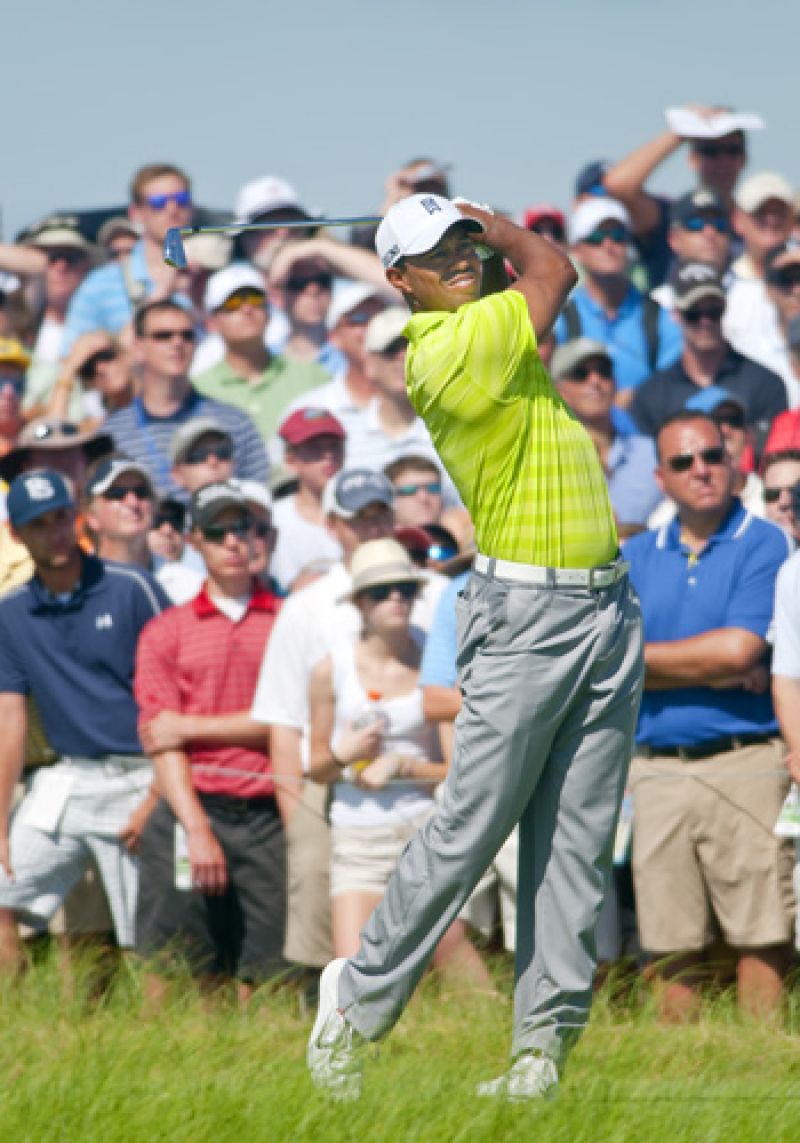 Tiger hitting a shot that he was not very pleased with on the par 3 17th.
