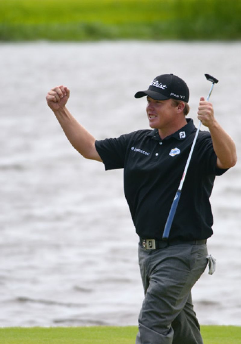 Celebrating a rare birdie at the par 3 17th.