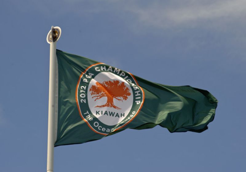The winds were buffeting all the flags at the Ocean Course today.