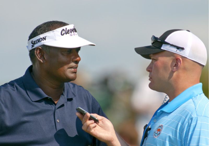 Vijay Singh doing a post-round interview via blackberry.