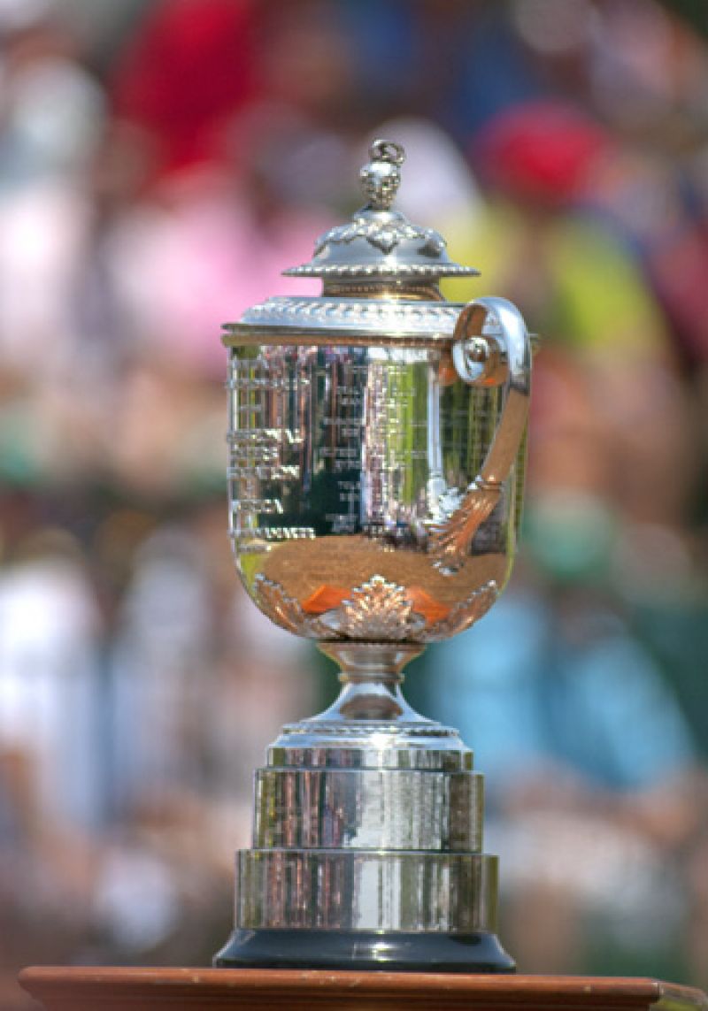 The Wanamaker Trophy at the first hole.