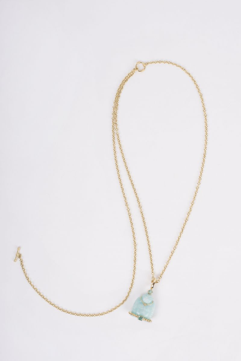 14K yellow gold toggle chain necklace with 14K yellow gold carved Amazonite and Emerald Buddha pendant, $3,080 at Croghan&#039;s Jewel Box