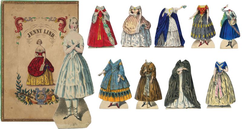 A circa-1850 Jenny Lind paper doll set with a wardrobe full of performance costumes, including the red dress for the opera “Die Hugenitten” (“The Huguenots”)