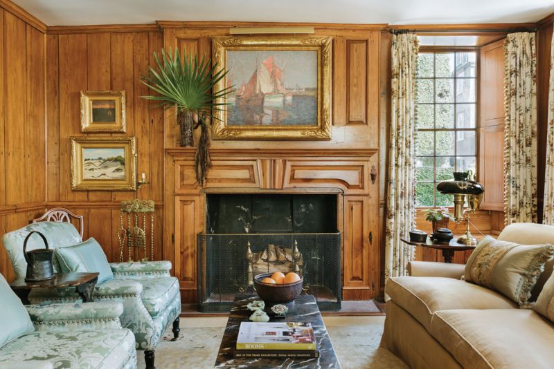 At one point, the original cypress paneling in this room was hidden under more than 20 layers of paint; upon moving in, the Seegers hired artisans to continue the previous owner’s restoration of the wood.