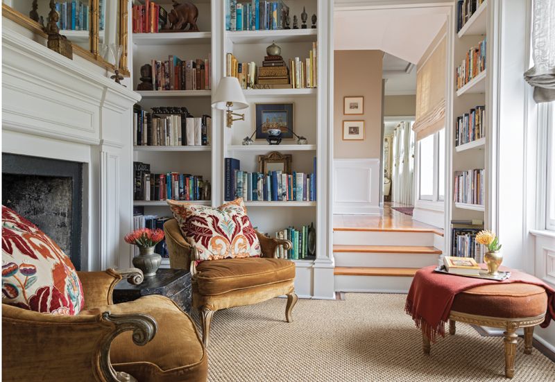 A true working library, this jewel box of a space is as cozy as it is elegant and serves as a visual hyphen linking the home’s historical front guest rooms to the new owner’s suite off the back of the house.