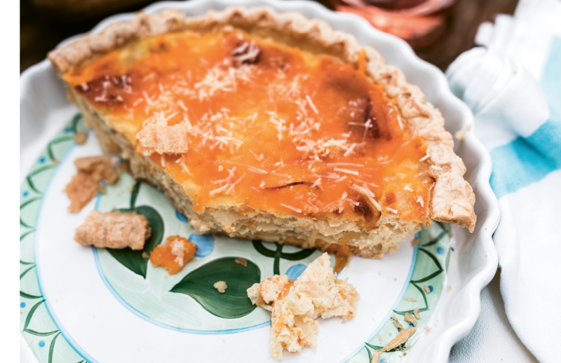 Vidalia onion pie, a satisfying staple passed down through Anne Marie’s family, showcases onions at the peak of their ripeness in late summer, when the bulbs are the sweetest.