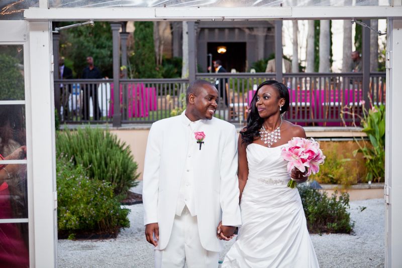 RIGHT IN WHITE: Jaime wore a Mori Lee original gown from Jean’s Bridal while Tamars looked sharp in a matching white suit.