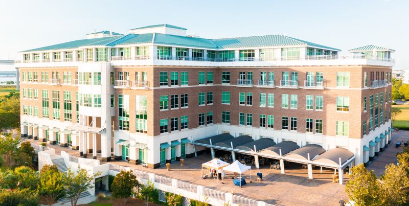 An aerial view of the Harborside East hotel