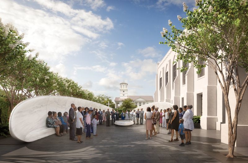 On the west side of the church, the “Memorial Courtyard” features marble benches and a fountain etched with the names of the Emanuel Nine. Behind it, the “Contemplation Basin,” with a cross above a simple altar, will give visitors a quiet place to pray and reflect.