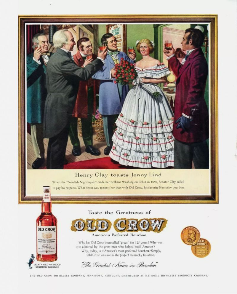 A circa-1960 advertising print for Old Crow Kentucky bourbon, featuring Henry Clay toasting Lind