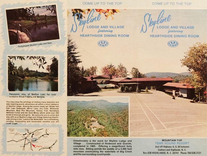 Vintage Vacay: In a brochure from the 1960s era of Skyline Lodge, Highlands is described as “magnificently astride the saddle of a 4,300-foot mountain overlooking the waterfalls.”
