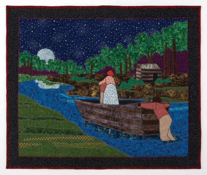 Wade In the Water by Stephen Towns (natural and synthetic fabric, polyester and cotton thread, and crystal glass, 39 x 46 inches, 2020)