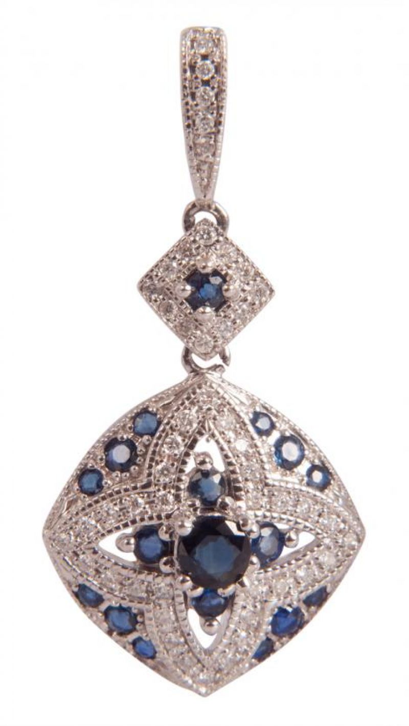 14K white gold, sapphire, and diamond earrings, $2,480 at Skatell&#039;s; photograph by Sophia Parker