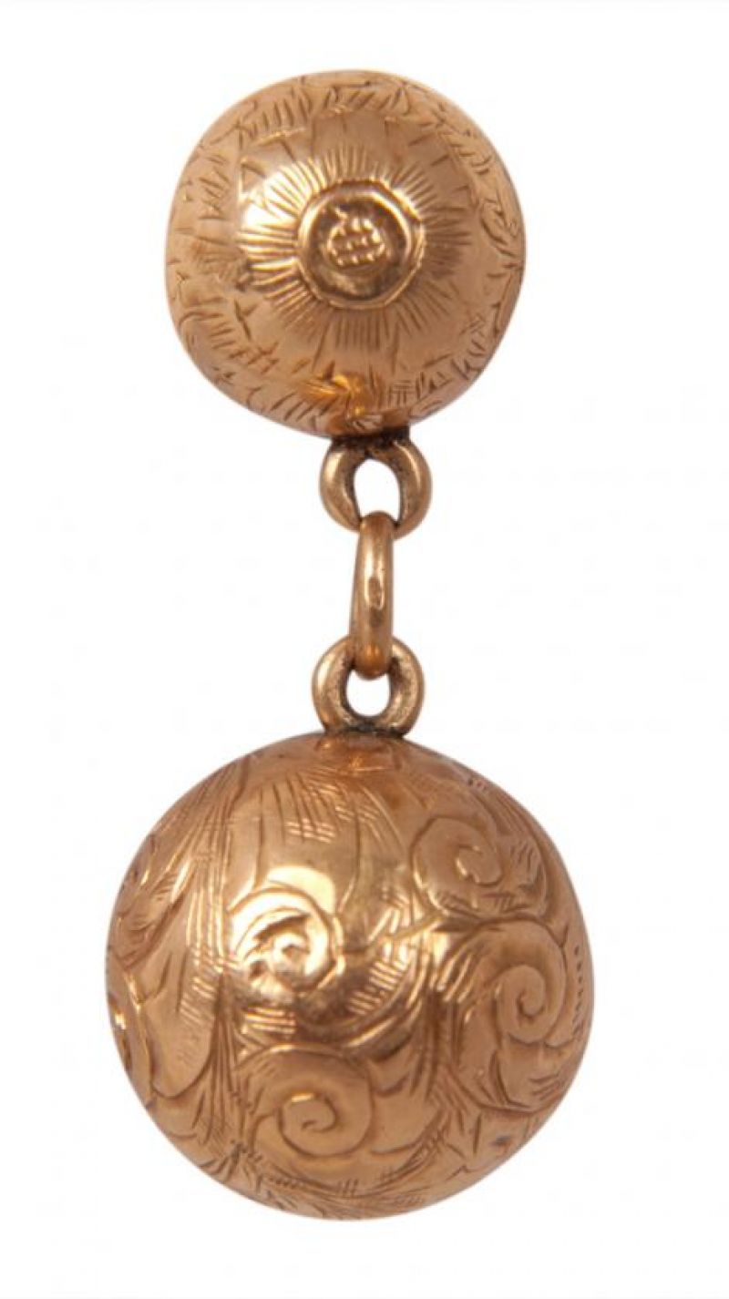 14K gold ball earrings with chain link, $585 at Croghan&#039;s Jewel Box; photograph by Sophia Parker
