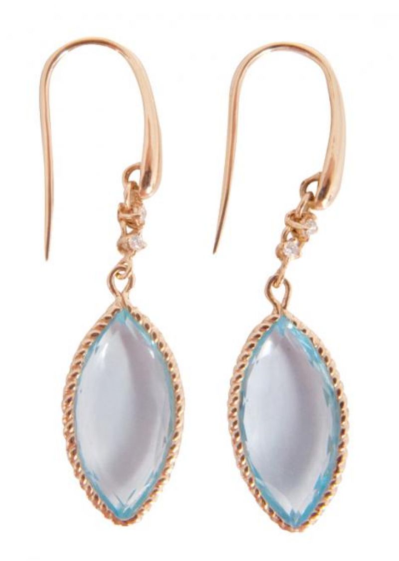 18K yellow gold earrings from Roberto Coin Ipanema Collection with .06 cts. diamonds and two 20mm x 10mm blue topaz stones, $1,580 at Paulo Geiss Jewelers; photograph by Sophia Parker