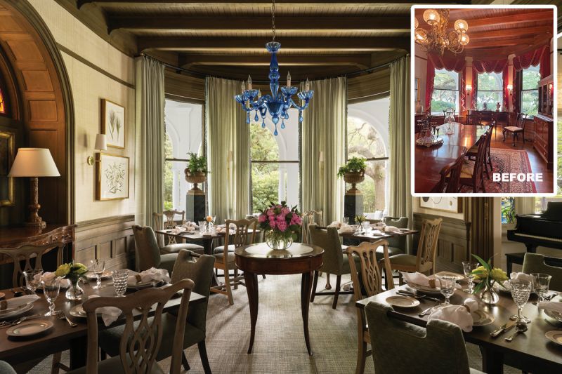 Fine Dining: The interiors marry quality antiques with contemporary furnishings, clean finishes, and fresh textiles. “Like that Murano glass fixture in the dining room, for example—that’s an old period piece, but because of the color, it feels fresh,” says Connor. (Inset) The design team repurposed furnishings when possible, like the mahogany Chippendale chairs, which were refinished and reupholstered.