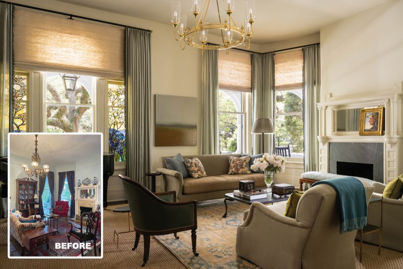 Natural Instincts: In the parlor, a portrait by Jill Hooper rests atop the mantel, one of many locally sourced artworks. Flanking a view of the garden’s live oaks are the pair of Louis Comfort Tiffany stained-glass windows the home’s original owners purchased in 1895 to celebrate their fifth wedding anniversary. (Inset) The downstairs parlor, prior to renovations