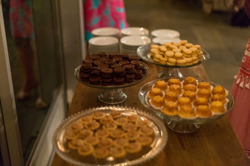 Desserts for the night included lemon sandwich cookies, double chocolate sandwiches, milk chocolate peanut butter bites, pecan tassies, mini pineapple upside down cakes, and bourbon butterscotch blondies and coffee.
