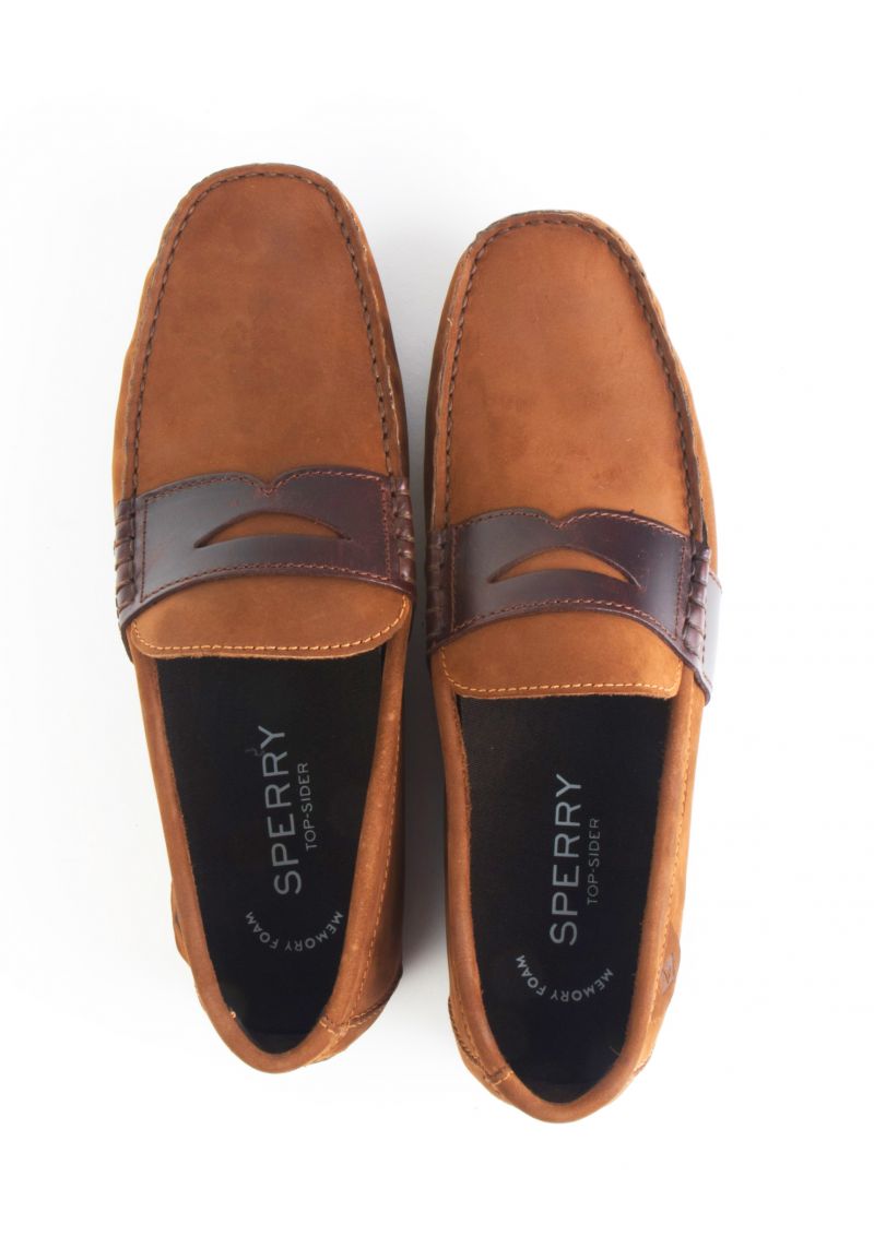 Sperry, Wave Driver Penny Loafer in Brown Buck, $90 at Belk