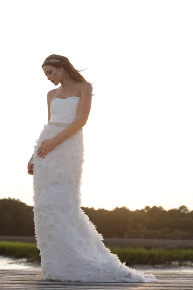 “Westwood” strapless gown with organza and chiffon medallions on skirt from LulaKate.