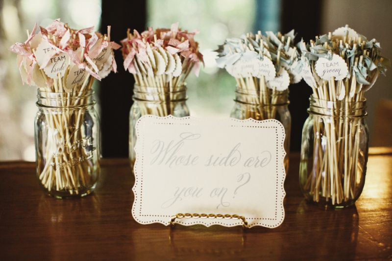 STIR IT UP: Inspired by a blog, Ashton made pink &quot;Team Bride&quot; and blue &quot;Team Groom&quot; drink stirrers.
