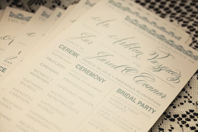 TO THE LETTER: Ashton, who designed their stationery, accented their programs with vivid aquamarine lettering.
