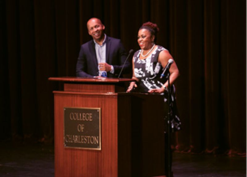 Avery executive director Dr. Patricia Williams Lessane welcomes legal activist Bryan Stevenson to the podium.