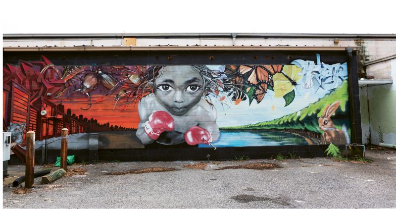 Untitled by Douglas Panzone behind Cha Cha’s Mexican Grill &amp; Rogue Motion (1409-1411 Folly Rd.)  about a decade ago, Panzone got permission to practice his large scale works behind this strip mall. Today, the back wall is a destination in and of itself for this outdoor “gallery.”