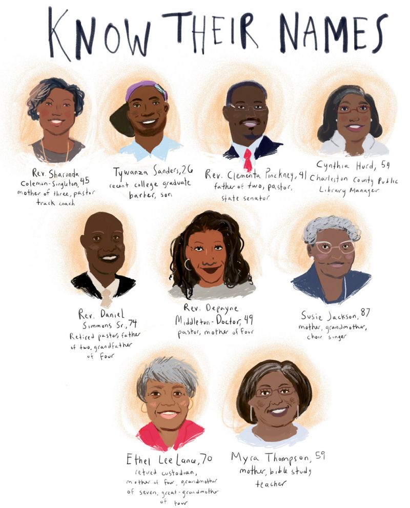 More Than Victims: They were mothers, fathers, sisters, brothers, cousins, teachers, preachers, poets. A beloved librarian, a persnickety church custodian, an inspiring coach. As artist Sarah Green illustrates, the nine are not a number, but individuals once full of life and love.