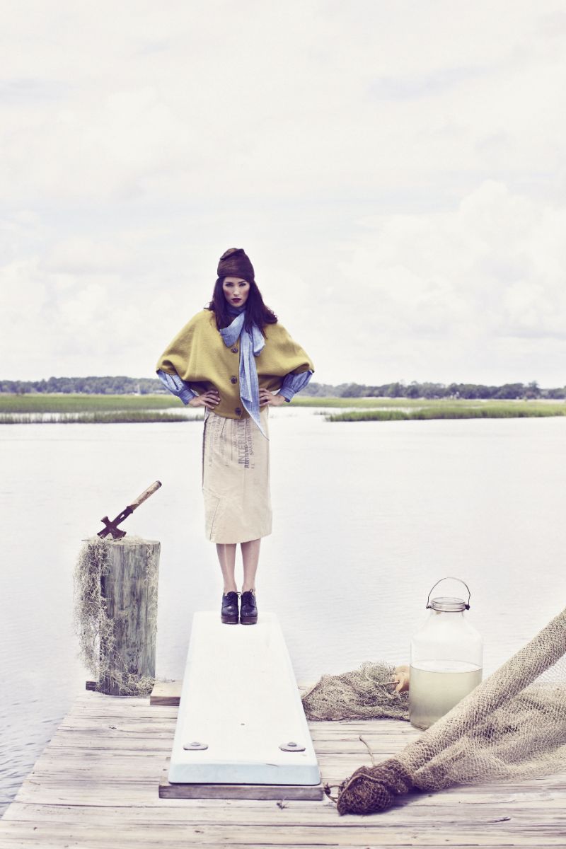 TROUBADOUR blouse, $345 at shop.troubadourclothing.com; STATE by Adrienne Antonson “Vintage Feedsack” skirt, $360 at shop.nubegreen. com; Harvey Faircloth jacket, $535 at Finicky Filly; rag &amp; bone “Anita” wedges, $598 at Hampden Clothing; polyester stella ring, $60 at etsy.com; STATE by Adrienne Antonson alpaca hat, $95 at shop-state.com