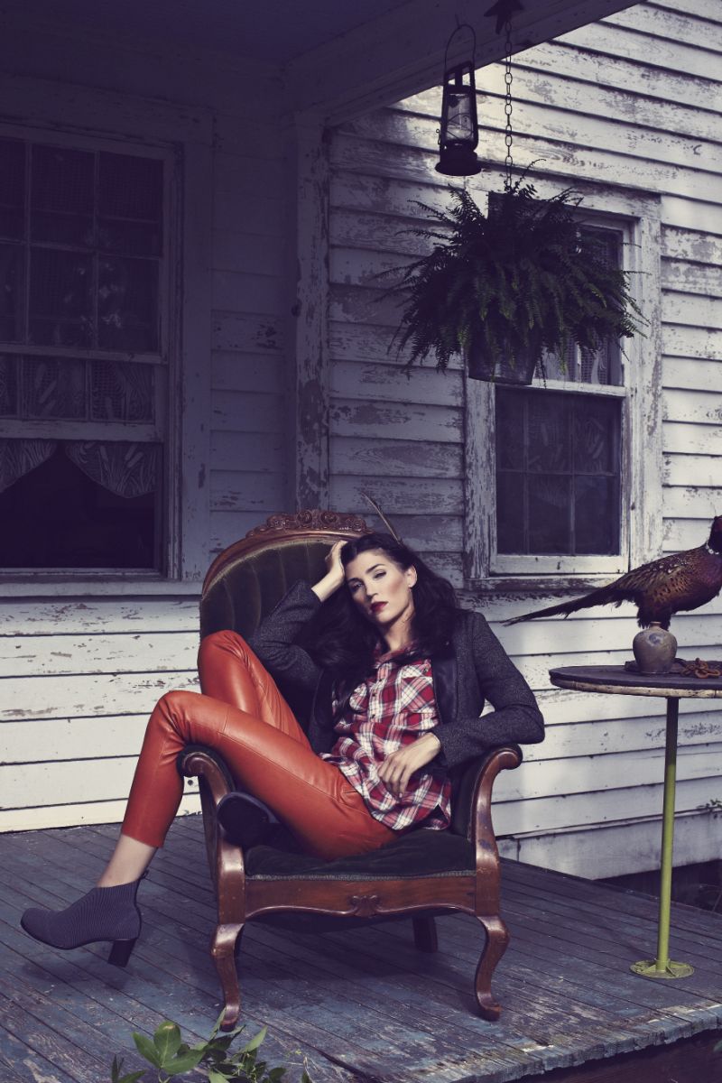 Haute Hippie henley, $185 at Finicky Filly; Escada “Linya” lambskin pant, $1,675 at Gwynn’s of Mt. Pleasant; TROUBADOUR “Harden” blazer, $485 at shop.troubadour clothing.com; “Telfair” boot, $134 at Charleston Shoe Co.; Clewis Reid “Bar” and “Chevron” necklaces, $70 each at shopclewis reid.com; polyesterstella ring, $60 at etsy.com
