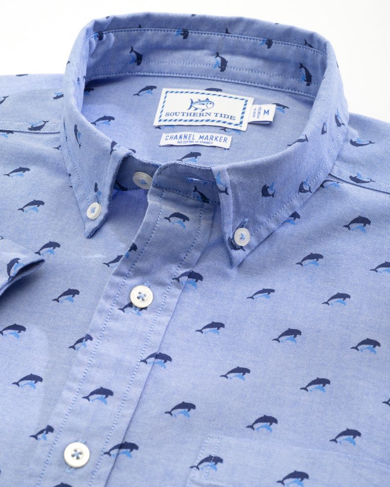 Southern Tide dolphin print performance short sleeve button down shirt, $110 at Southern Tide