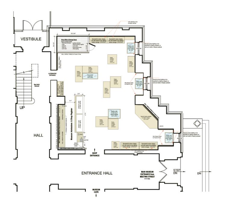 The first-floor plans for the gift shop; Meeting Street is to the right
