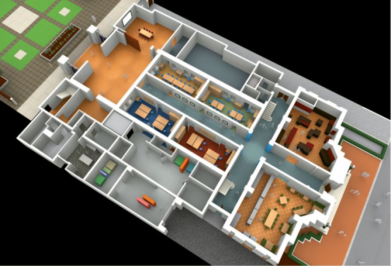 First floor design: Beyond the store, café, classrooms, and studios on the first floor, the newly renovated reception gallery and lecture hall will integrate the back courtyard and sculpture garden with the building.