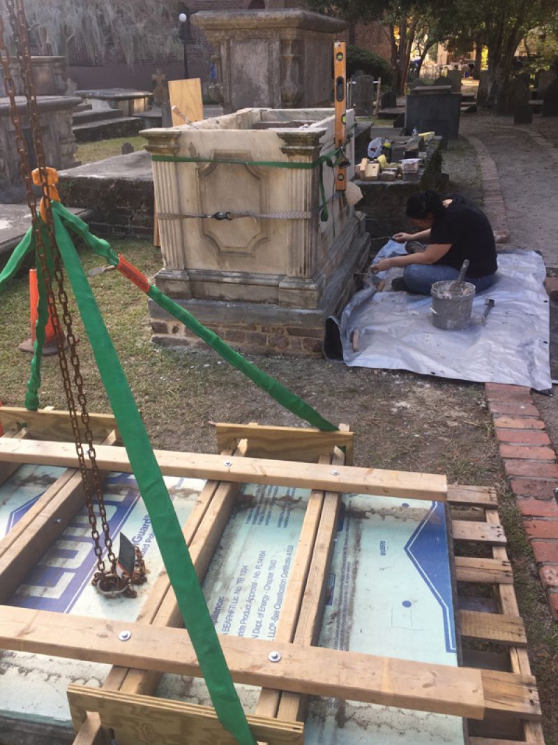 Working It: Externships are not only crucial to the students’ hands-on learning and required for them to advance to the next year of coursework, they are a boon to the city as well. (Left) Apprentice stone carvers repair gravestones at the Circular Congregational Church cemetery. (Right)