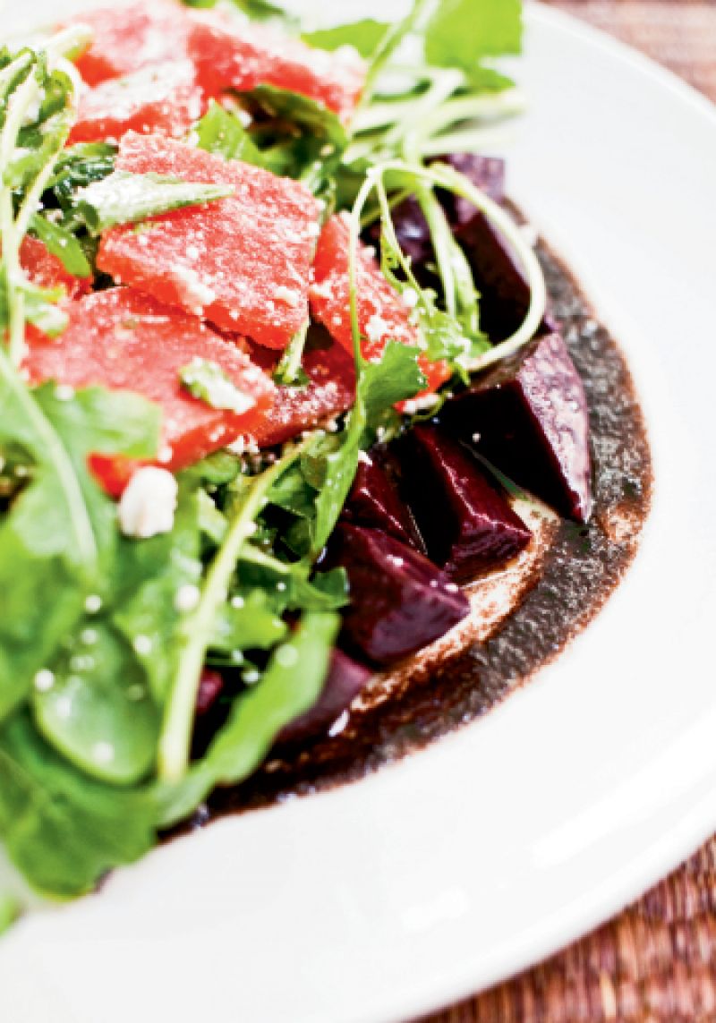 Banner Dish: Coincidentally the same colors of the Italian flag—red, white, and green—this refreshing salad of beets, watermelon, feta, and arugula gets an edge with a purée of olive oil and cured black olives.