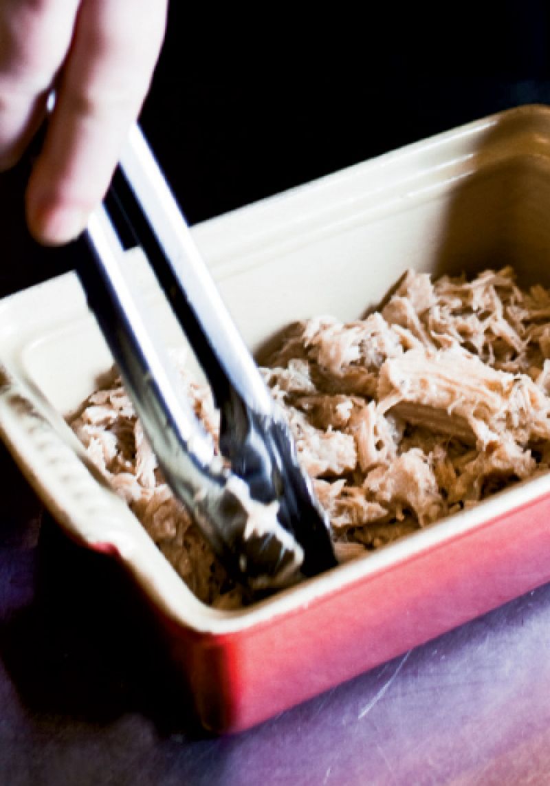 Pulled pork flavored with a beef reduction makes up the first layer of the haché parmentier, the French version of shepherd’s pie.