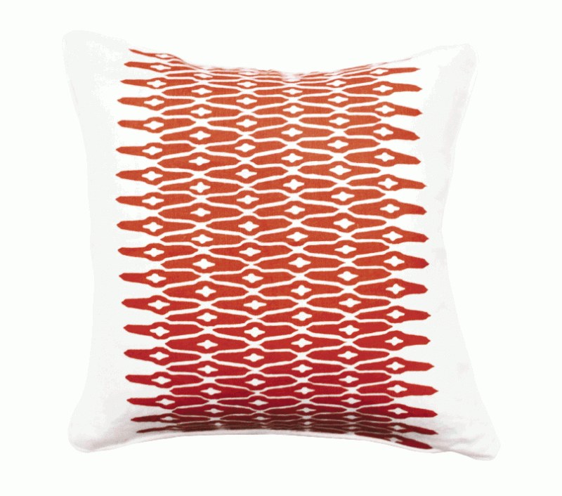 “Lattice Block” pillow, $135, at Eclectic; Walter G. “Flores Indian Teal” pillow and “Swazi Mud” pillow, $120 each, at Celadon