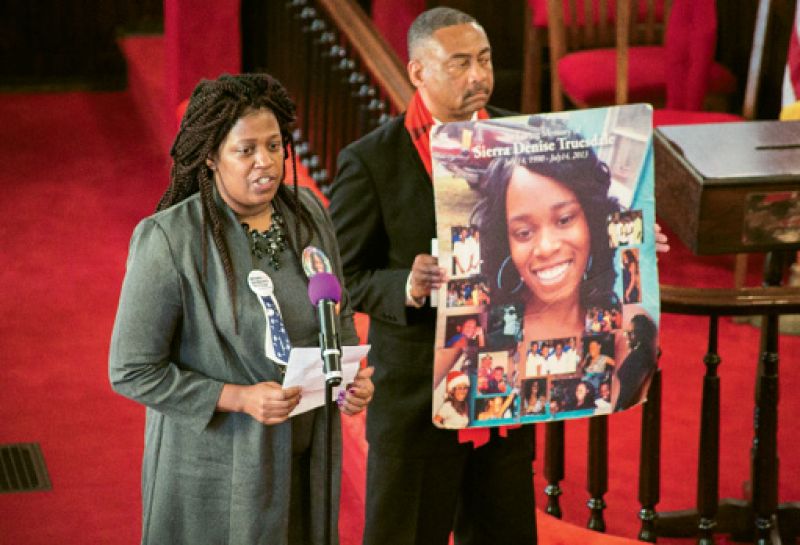 At a recent rally held at Mother Emanuel, Tamika Myers advocated for closing the gun-check loophole. Her daughter, Sierra, was shot to death three years ago in a St. George-area nightclub. Photograph by Michael Powell