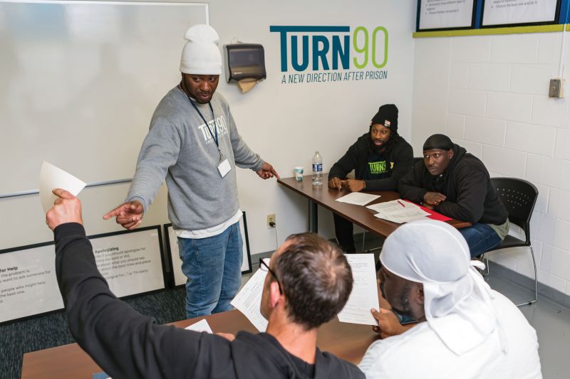 Winard Eady (above, teaching the daily life skills class) discovered Turn90 after being released from federal prison in 2019. He completed the program, found gainful employment, and eventually returned as a classroom facilitator. Today, he’s the Charleston program manager, helping other men reenter the community and build a better life.