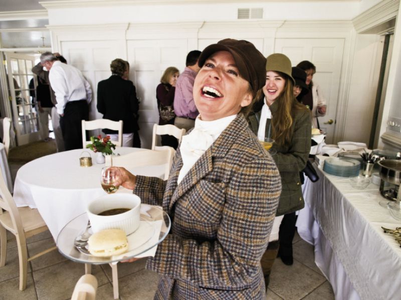 A post-hunt brunch with hot soup and horsey conversation, and one of the  cottage bedrooms—all on the 200-acre property at The Red Horse Inn. “It’s a mind-set here,” says innkeeper Mary Wolters. Her own horse is a great-granddaughter of the racehorse champion Secretariat.