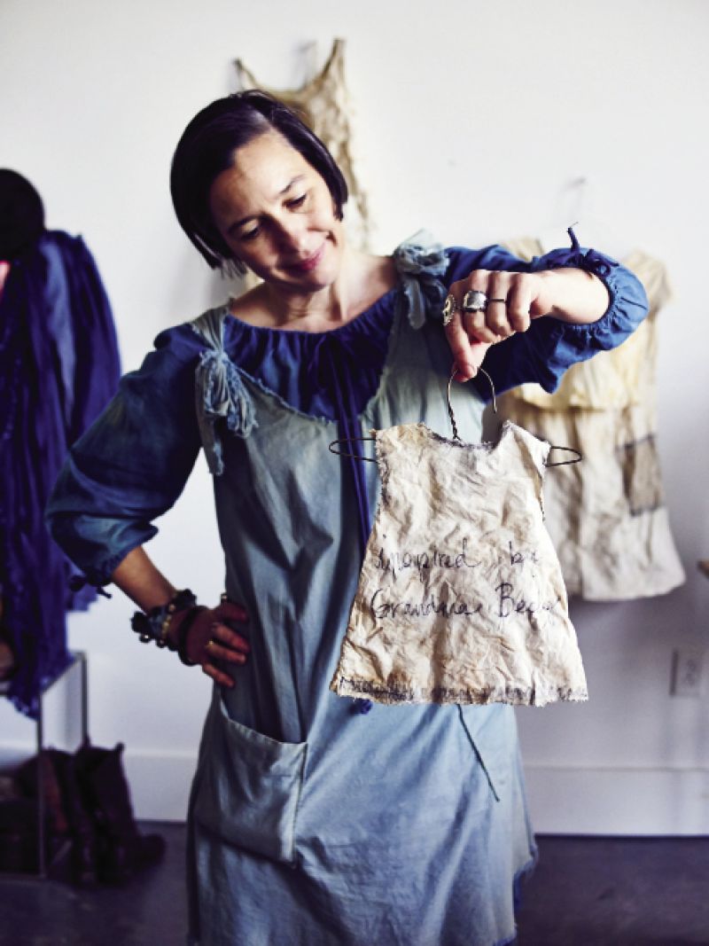 Blue is a favorite color of Magar’s, so she recently learned the South Carolina-born indigo-dyeing process and put it to use in the collection. As a nod to the friendly spirits she’s sensed in the historic building, she mixed a custom paint color she calls “Olympia Mill Haint Blue.”