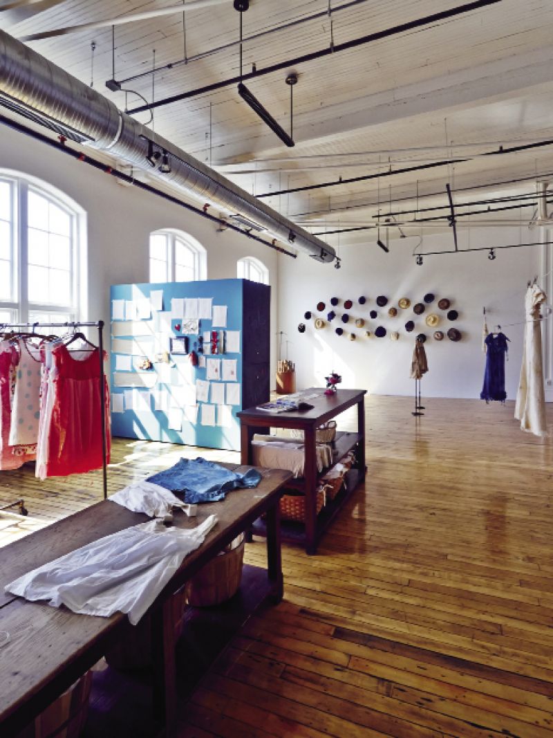 Blue is a favorite color of Magar’s, so she recently learned the South Carolina-born indigo-dyeing process and put it to use in the collection. As a nod to the friendly spirits she’s sensed in the historic building, she mixed a custom paint color she calls “Olympia Mill Haint Blue.”