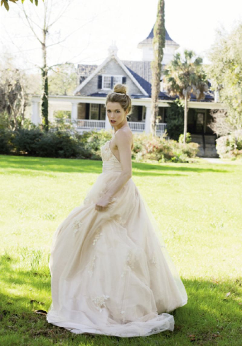 Wtoo’s “Oriana” tulle and taffeta gown in champagne with Swarovski crystals and lace appliqué bodice available through Jean’s Bridal and Gown Boutique of Charleston. Pearl and rhinestone hair comb from Jean’s Bridal. (opposite page) Cross That Bridge: LulaKate’s “O’Hara” gown in ivory with French  lattice lace and  floral detail.